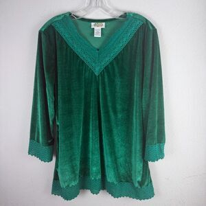 Vintage Collections Large Women Long Sleeve Blouse Green Velvet Lace Granny Goth